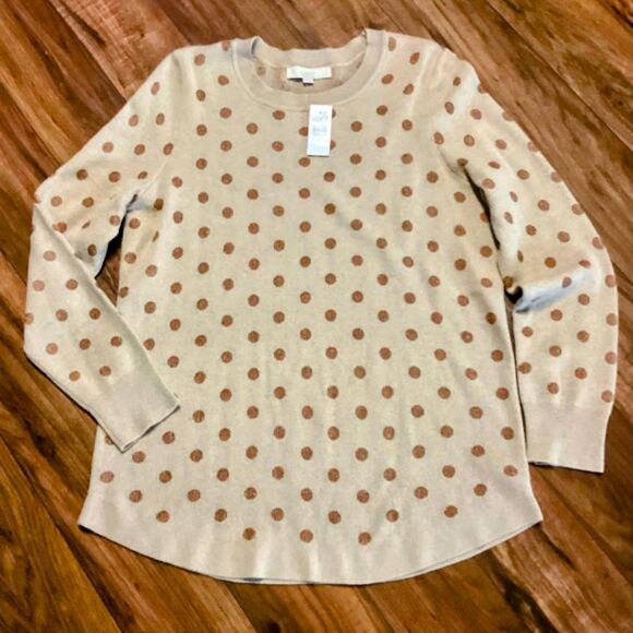 LOFT Women's Crewneck Sweater Wool Blend Metallic Latte Polka Dot in XL NWT - Picture 5 of 11
